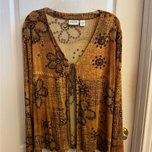 Chico's Travelers Tan and Brown Floral Patterned Blouse